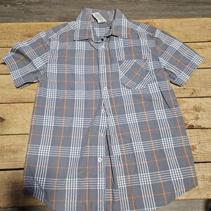 Gray and Orange Plaid Button-Up Shirt